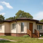 Проект дома «Н-94» из СИП-панелей, 94 м² — одноэтажный дом с бежевым фасадом, коричневой крышей и деревянным крыльцом | HotWell.KZ