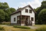 Проект дома «Н-97» из СИП-панелей, 97 м² — двухэтажный дом с белым фасадом, коричневой крышей и крытым крыльцом | HotWell.KZ