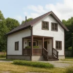 Проект дома «Н-97» из СИП-панелей, 97 м² — двухэтажный дом с белым фасадом, коричневой крышей и крытым крыльцом | HotWell.KZ