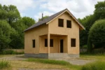 Дом «Н-97», 97 м², 1.5 этажа, в черновой отделке: коробка из СИП-панелей OSB-3, двускатная кровля из металлочерепицы, проёмы без окон и дверей, в проёмах видны сосновые балки перекрытия