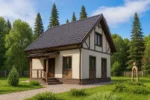 Проект дома «О-109» из СИП-панелей, 109 м² — двухэтажный дом с бежевым фасадом, коричневой крышей и крыльцом | HotWell.KZ