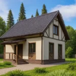 Проект дома «О-109» из СИП-панелей, 109 м² — двухэтажный дом с бежевым фасадом, коричневой крышей и крыльцом | HotWell.KZ