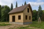 Дом «О-109», 109 м², 1.5 этажа, в черновой отделке: коробка из СИП-панелей OSB-3, двускатная кровля из металлочерепицы, проёмы без окон и дверей, в проёмах видны сосновые балки перекрытия
