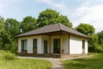 Проект дома «О-110» из СИП-панелей, 110 м² — одноэтажный дом с белым фасадом, коричневой крышей и крытой террасой | HotWell.KZ