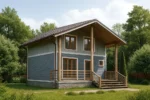 Проект дома «О-112Б» из СИП-панелей, 112 м² — двухэтажный дом с синим фасадом, коричневой крышей и крытым крыльцом | HotWell.KZ