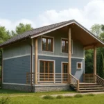 Проект дома «О-112Б» из СИП-панелей, 112 м² — двухэтажный дом с синим фасадом, коричневой крышей и крытым крыльцом | HotWell.KZ