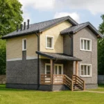 Проект дома «О-113» из СИП-панелей, 113 м² — двухэтажный дом с серым фасадом, черной крышей и крытым крыльцом | HotWell.KZ
