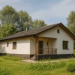 Проект дома «О-118» из СИП-панелей, 118 м² — одноэтажный дом с белым фасадом, серой крышей и крытым крыльцом | HotWell.KZ