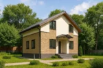 Проект дома «О-118Б» из СИП-панелей, 118 м² — двухэтажный дом с бежевым фасадом, серой крышей и крытым крыльцом | HotWell.KZ
