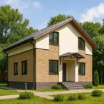Проект дома «О-118Б» из СИП-панелей, 118 м² — двухэтажный дом с бежевым фасадом, серой крышей и крытым крыльцом | HotWell.KZ