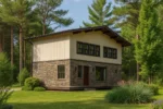 Проект дома «О-120» из СИП-панелей, 120 м² — двухэтажный дом с каменным фасадом и плоской крышей | HotWell.KZ