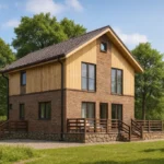Проект дома «О-128Б» из СИП-панелей, 128 м² — двухэтажный дом с кирпичным фасадом, коричневой крышей и террасой | HotWell.KZ