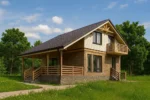 Проект дома «О-136» из СИП-панелей, 136 м² — двухэтажный дом с каменным фасадом, коричневой крышей и балконом | HotWell.KZ