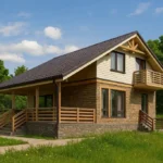 Проект дома «О-136» из СИП-панелей, 136 м² — двухэтажный дом с каменным фасадом, коричневой крышей и балконом | HotWell.KZ
