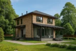 Проект дома «О-137» из СИП-панелей, 137 м² — двухэтажный дом с каменным фасадом, серой крышей и террасой | HotWell.KZ
