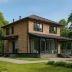 Проект дома «О-137» из СИП-панелей, 137 м² — двухэтажный дом с каменным фасадом, серой крышей и террасой | HotWell.KZ