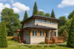 Проект дома «О-143Б» из СИП-панелей, 143 м² — двухэтажный дом с бежевым фасадом, черной крышей и террасой | HotWell.KZ