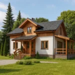 Проект дома «О-150» из СИП-панелей, 150 м² — двухэтажный дом с белым фасадом, черной крышей и террасой | HotWell.KZ