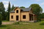 Дом «О-150», 150 м², 1.5 этажа, в черновой отделке: коробка из СИП-панелей OSB-3, двускатная кровля из металлочерепицы, проёмы без окон и дверей, в проёмах видны сосновые балки перекрытия