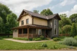 Проект дома «О-153» из СИП-панелей, 153 м² — двухэтажный дом с бежевым фасадом, коричневой крышей и террасой | HotWell.KZ