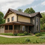 Проект дома «О-153» из СИП-панелей, 153 м² — двухэтажный дом с бежевым фасадом, коричневой крышей и террасой | HotWell.KZ