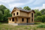 Дом «О-153», 153 м², 2 этажа, в черновой отделке: коробка из СИП-панелей OSB-3, двускатная кровля из металлочерепицы, проёмы без окон и дверей, в проёмах видны сосновые балки перекрытия