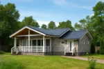 Проект дома «О-156» из СИП-панелей, 156 м² — одноэтажный дом с серым фасадом, синей крышей и крытой террасой | HotWell.KZ