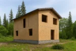 Дом «О-160», 160 м², 2 этажа, в черновой отделке: коробка из СИП-панелей OSB-3, двускатная кровля из металлочерепицы, проёмы без окон и дверей, в проёмах видны сосновые балки перекрытия