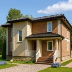 Проект дома «О-161» из СИП-панелей, 161 м² — двухэтажный дом с кирпичным фасадом, черной крышей и крыльцом | HotWell.KZ