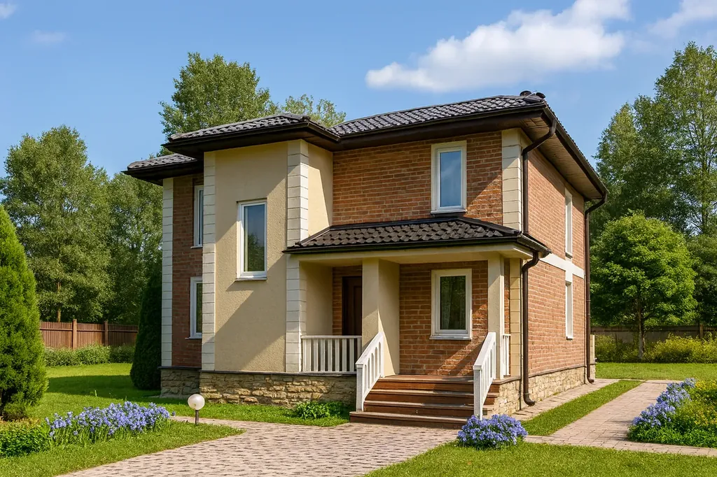 Проект дома «О-161» Проект дома «О-161» из СИП-панелей, 161 м² — двухэтажный дом с кирпичным фасадом, черной крышей и крыльцом | HotWell.KZ
