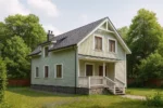 Проект дома «О-163» из СИП-панелей, 163 м² — двухэтажный дом с зелёным фасадом, серой крышей и крытым крыльцом | HotWell.KZ