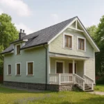 Проект дома «О-163» из СИП-панелей, 163 м² — двухэтажный дом с зелёным фасадом, серой крышей и крытым крыльцом | HotWell.KZ