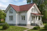 Проект дома «О-168» из СИП-панелей, 168 м² — двухэтажный дом с белым фасадом, красной крышей и крыльцом | HotWell.KZ