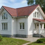 Проект дома «О-168» из СИП-панелей, 168 м² — двухэтажный дом с белым фасадом, красной крышей и крыльцом | HotWell.KZ