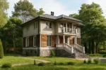 Проект дома «О-180» из СИП-панелей, 180 м² — двухэтажный дом с серым фасадом, черной крышей и балконом | HotWell.KZ
