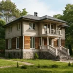Проект дома «О-180» из СИП-панелей, 180 м² — двухэтажный дом с серым фасадом, черной крышей и балконом | HotWell.KZ