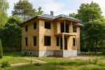 Дом «О-180», 180 м², 2 этажа, в черновой отделке: коробка из СИП-панелей OSB-3, вальмовая кровля из металлочерепицы, проёмы без окон и дверей, в проёмах видны сосновые балки перекрытия