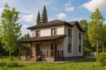 Проект дома «О-190» из СИП-панелей, 190 м² — двухэтажный дом с бежевым фасадом, коричневой крышей и крытым крыльцом | HotWell.KZ