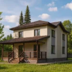Проект дома «О-190» из СИП-панелей, 190 м² — двухэтажный дом с бежевым фасадом, коричневой крышей и крытым крыльцом | HotWell.KZ