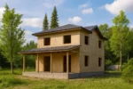 Дом «О-190», 190 м², 2 этажа, в черновой отделке: коробка из СИП-панелей OSB-3, вальмовая кровля из металлочерепицы, проёмы без окон и дверей, в проёмах видны сосновые балки перекрытия