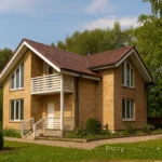 Проект дома «О-200» из СИП-панелей, 200 м² — двухэтажный дом с кирпичным фасадом, коричневой крышей и балконом | HotWell.KZ