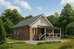 Проект дома «О-216» из СИП-панелей, 216 м² — одноэтажный дом с кирпичным фасадом, серой крышей и крытой террасой | HotWell.KZ
