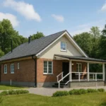 Проект дома «О-216» из СИП-панелей, 216 м² — одноэтажный дом с кирпичным фасадом, серой крышей и крытой террасой | HotWell.KZ