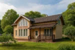 Проект дома «О-217» из СИП-панелей, 217 м² — двухэтажный дом с бежевым фасадом, коричневой крышей и террасой | HotWell.KZ