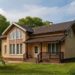 Проект дома «О-217» из СИП-панелей, 217 м² — двухэтажный дом с бежевым фасадом, коричневой крышей и террасой | HotWell.KZ