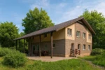 Проект дома «О-288» из СИП-панелей, 288 м² — двухэтажный дом с бежевым фасадом, коричневой крышей и террасой | HotWell.KZ