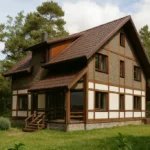 Проект дома «О-319» из СИП-панелей, 319 м² — двухэтажный дом с коричневой крышей и террасой | HotWell.KZ