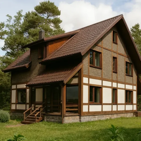 Проект дома «О-319» из СИП-панелей, 319 м² — двухэтажный дом с коричневой крышей и террасой | HotWell.KZ
