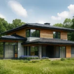 Проект дома «О-328» из СИП-панелей, 328 м² — двухэтажный дом с деревянным фасадом, черной крышей и панорамными окнами | HotWell.KZ