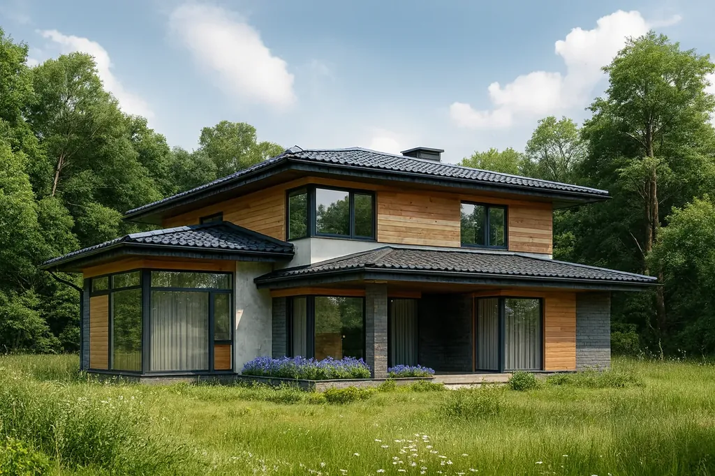 Проект дома «О-328» Проект дома «О-328» из СИП-панелей, 328 м² — двухэтажный дом с деревянным фасадом, черной крышей и панорамными окнами | HotWell.KZ